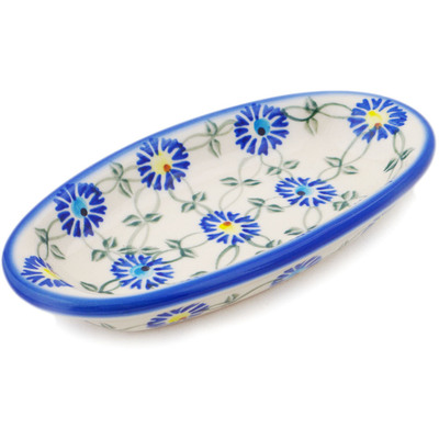 Polish Pottery Condiment Dish 7&quot; Blue Thistle Beauty