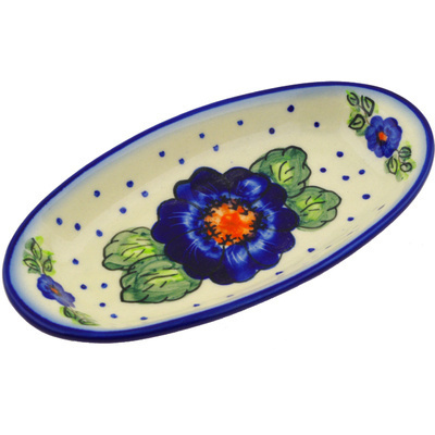 Polish Pottery Condiment Dish 7&quot; Bold Blue Pansy