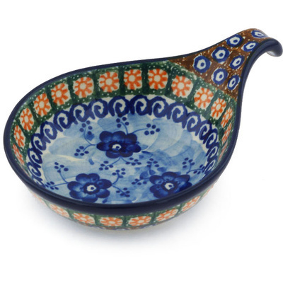 Polish Pottery Condiment Dish 7&quot; Dancing Blue Poppies UNIKAT