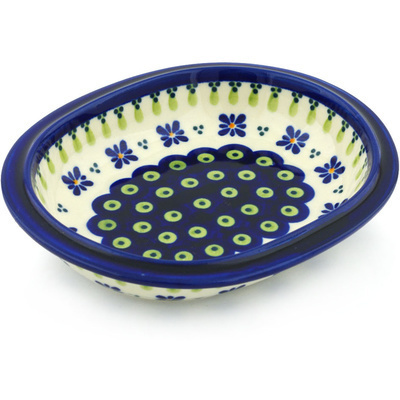 Polish Pottery Condiment Dish 7&quot; Green Gingham Peacock