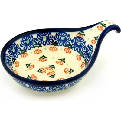 Polish Pottery Condiment Dish 7&quot; Orange Pansies