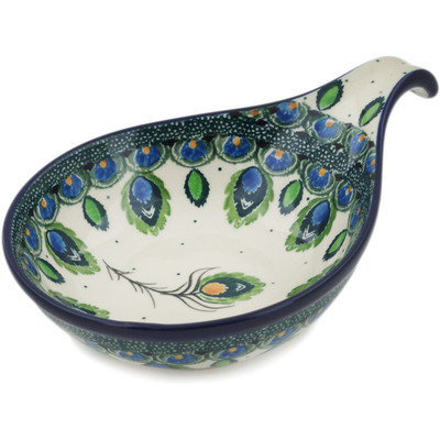 Polish Pottery Condiment Dish 7&quot; Peacock Feather