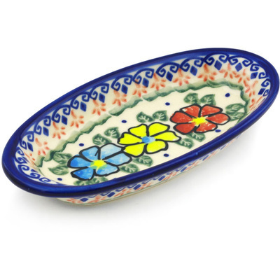 Polish Pottery Condiment Dish 7&quot; Primary Poppies UNIKAT