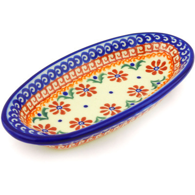 Polish Pottery Condiment Dish 7&quot; Red Daisy