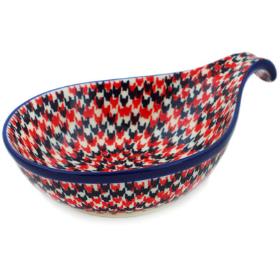 Polish Pottery Condiment Dish 7&quot; Red Houndstooth