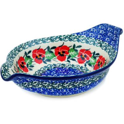 Polish Pottery Condiment Dish 7&quot; Red Pansy