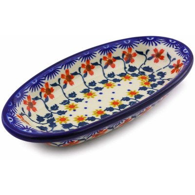 Polish Pottery Condiment Dish 7&quot; Red Sunflower