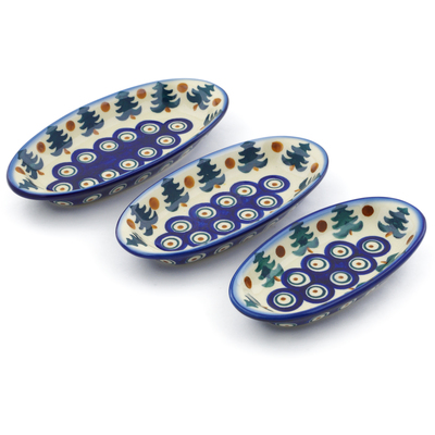 Polish Pottery Condiment set of 3 nesting dishes: 7&frac14;-inch, 6&frac12;-inch, 5&frac34;-inch Autumn Evergreen