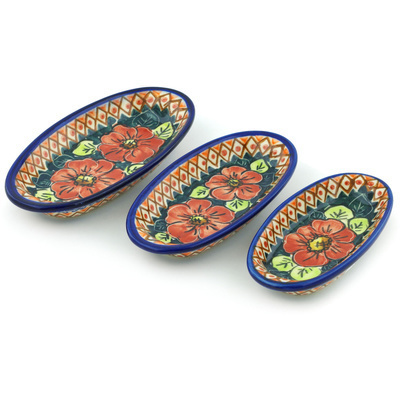 Polish Pottery Condiment set of 3 nesting dishes: 7&frac14;-inch, 6&frac12;-inch, 5&frac34;-inch Autumn Poppies UNIKAT