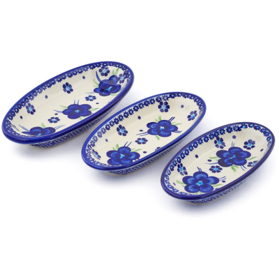 Polish Pottery Condiment set of 3 nesting dishes: 7&frac14;-inch, 6&frac12;-inch, 5&frac34;-inch Bleu-belle Fleur