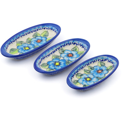 Polish Pottery Condiment set of 3 nesting dishes: 7&frac14;-inch, 6&frac12;-inch, 5&frac34;-inch Bold Blue Poppies UNIKAT