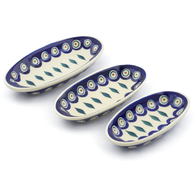 Polish Pottery Condiment set of 3 nesting dishes: 7&frac14;-inch, 6&frac12;-inch, 5&frac34;-inch Peacock