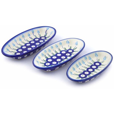 Polish Pottery Condiment set of 3 nesting dishes: 7&frac14;-inch, 6&frac12;-inch, 5&frac34;-inch Peacock Tulip Garden