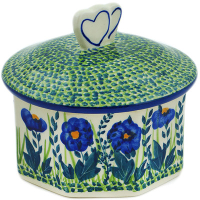 Polish Pottery Cookie Jar 6&quot; Blue Fields UNIKAT