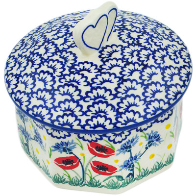 Polish Pottery Cookie Jar 6&quot; Poppies And Cornflowers UNIKAT