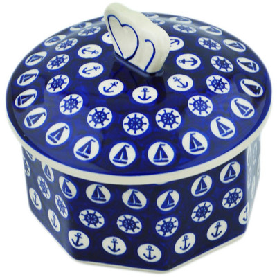 Polish Pottery Cookie Jar 6&quot; Set Sail Into The Blue