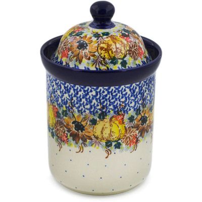 Polish Pottery Cookie Jar 8&quot; Autumn Falling Leaves UNIKAT