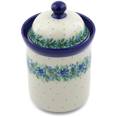 Polish Pottery Cookie Jar 8&quot; Blue Bell Wreath