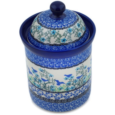 Polish Pottery Cookie Jar 8&quot; Blue Bird Flying UNIKAT