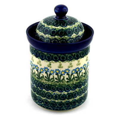 Polish Pottery Cookie Jar 8&quot; Blue Daisy Circle