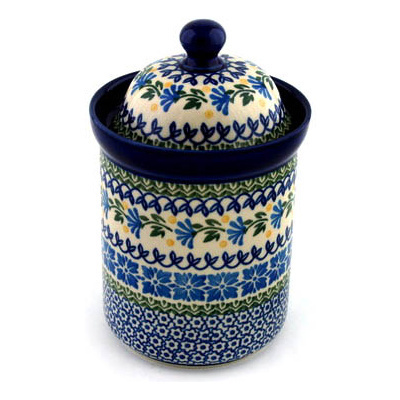 Polish Pottery Cookie Jar 8&quot; Blue Fan Flowers