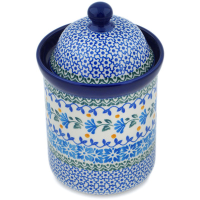 Polish Pottery Cookie Jar 8&quot; Blue Fan Flowers