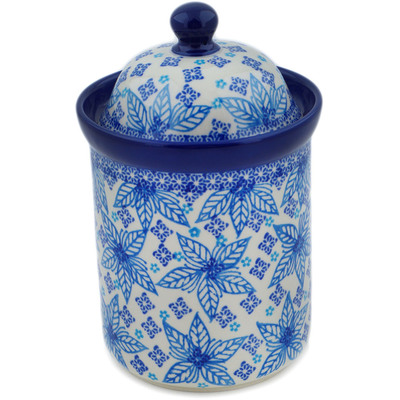 Polish Pottery Cookie Jar 8&quot; Blue Poinsettia UNIKAT