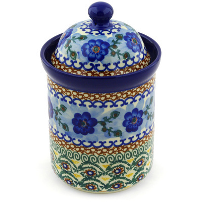 Polish Pottery Cookie Jar 8&quot; Blue Poppy Circle UNIKAT