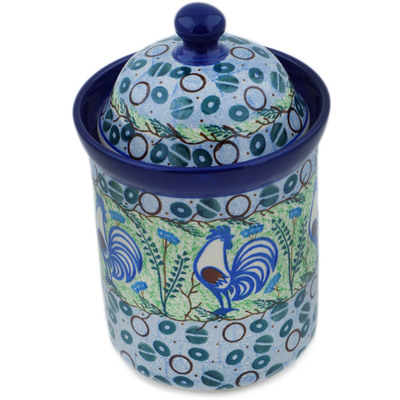 Polish Pottery Cookie Jar 8&quot; Blue Rooster UNIKAT