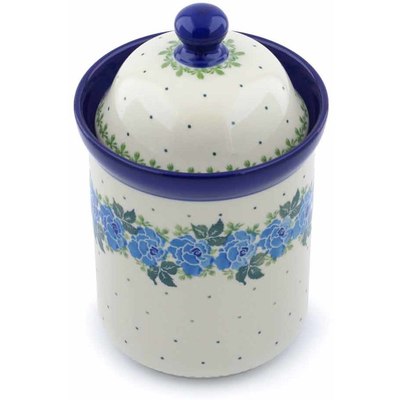 Polish Pottery Cookie Jar 8&quot; Blue Rose