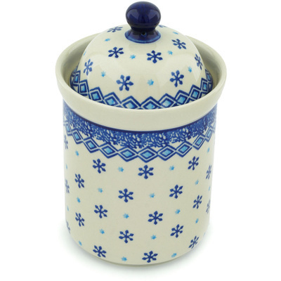 Polish Pottery Cookie Jar 8&quot; Blue Snowflake