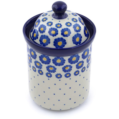 Polish Pottery Cookie Jar 8&quot; Blue Zinnia