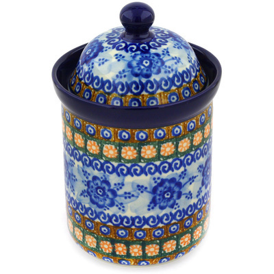 Polish Pottery Cookie Jar 8&quot; Dancing Blue Poppies UNIKAT