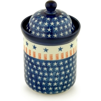 Polish Pottery Cookie Jar 8&quot; Star Spangled Banner