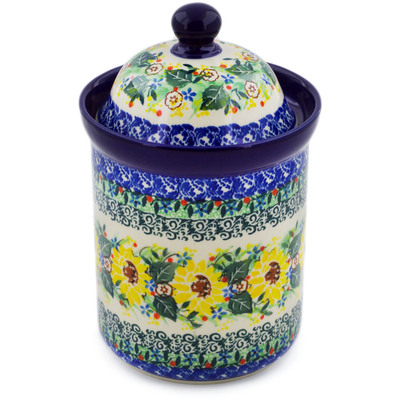 Polish Pottery Cookie Jar 8&quot; Yellow Garden UNIKAT