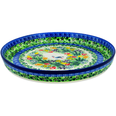 Polish Pottery Cookie Platter 10&quot; Crane In Tulip Splendor UNIKAT