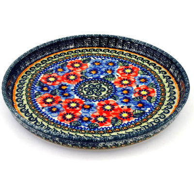 Polish Pottery Cookie Platter 9&quot; Blue And Red Poppies UNIKAT