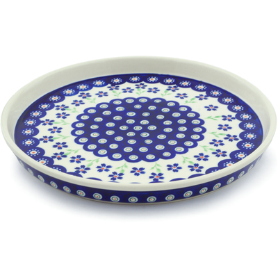 Polish Pottery Cookie Platter 9&quot; Bright Peacock Daisy