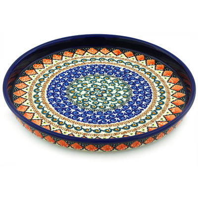 Polish Pottery Cookie Platter 9&quot; Coral Diamonds UNIKAT