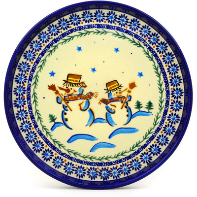 Polish Pottery Cookie Platter 9&quot; Friendly Snowmen