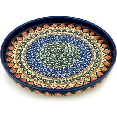 Polish Pottery Cookie Platter 9&quot; Green Mosaic UNIKAT