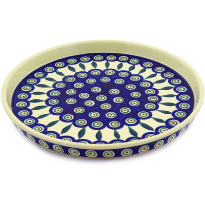 Polish Pottery Cookie Platter 9&quot; Peacock Leaves