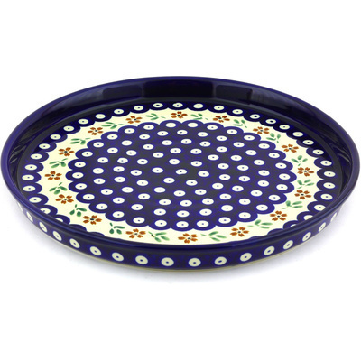 Polish Pottery Cookie Platter 9&quot; Red Daisy Peacock