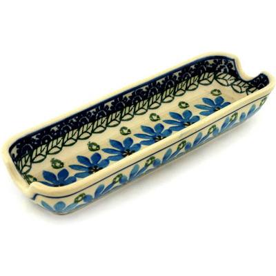 Polish Pottery Corn Tray 8&quot; Blue Fan Flowers