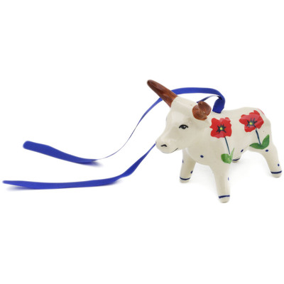 Polish Pottery Cow Figurine 4&quot; Wind-blown Poppies