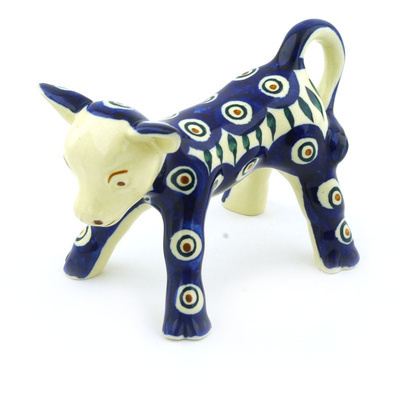 Polish Pottery Cow Figurine 5&quot; Blue Peacock