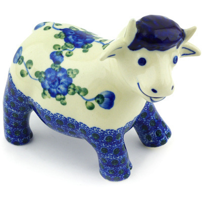 Polish Pottery Cow Figurine 5&quot; Blue Poppies