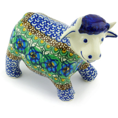 Polish Pottery Cow Figurine 5&quot; Mardi Gras UNIKAT