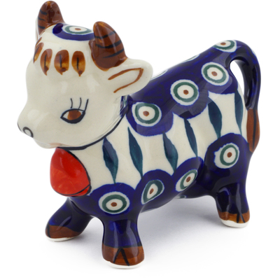 Polish Pottery Cow Figurine 5&quot; Peacock Leaves