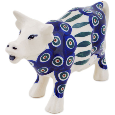 Polish Pottery Cow Figurine 6&quot; Peacock Leaves